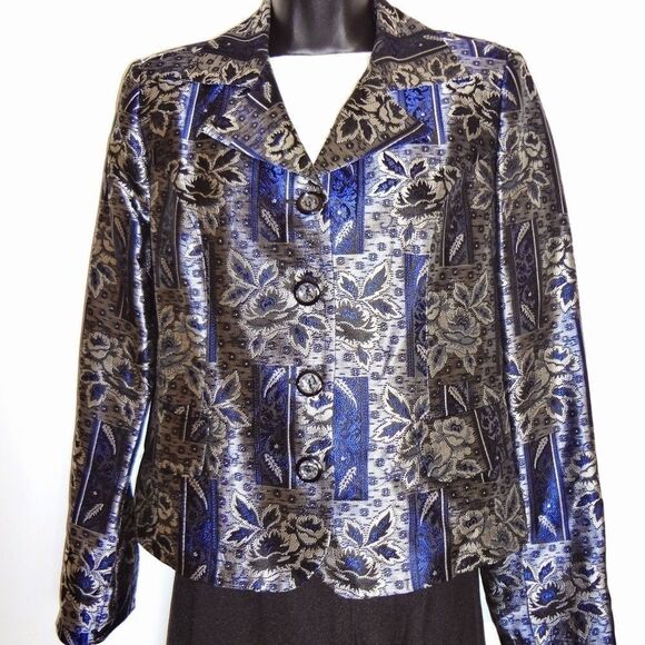 Sassia Women's Silver and Blue Floral Pattern Imported Jacket Size 2 - Picture 1 of 5